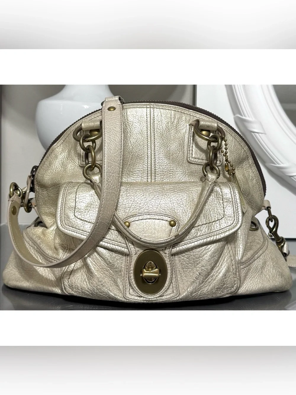 COACH Legacy Francine Domed Pearlized Ivory/ Champagne Metallic Leather Satchel